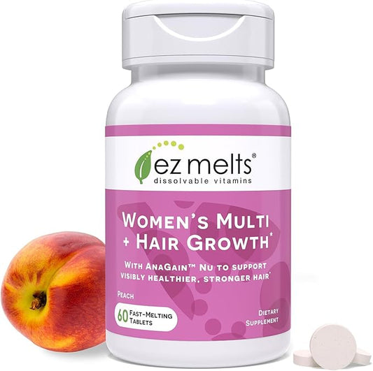 EZ Melts Dissolvable Multivitamin for Women + Hair Growth with Biotin, Bamboo Extract & Clinically Studied AnaGain Nu, Supports Visibly Healthier, Stronger Hair, Sugar-Peach Flavor - 1 Pack