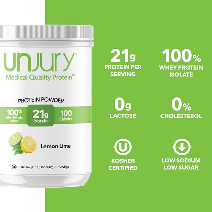 Unjury Whey Protein Powder | Lemon Lime | 21g 100% Whey Isolate Protein Powder | Low Carb and Lactose Free | Gluten Free | Certified Kosher | 15 Servings