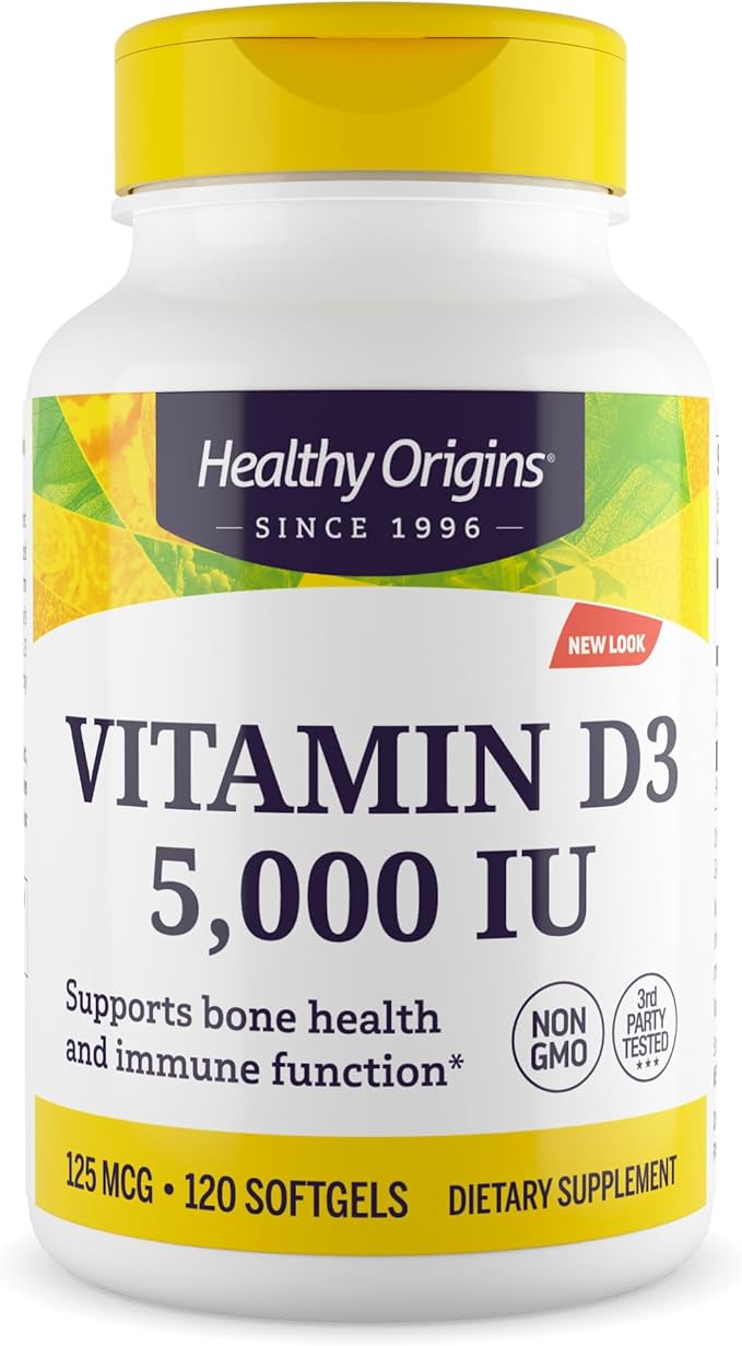 Healthy Origins Vitamin D3 5,000 IU (Non-GMO, High Potency, Bone Support, Immune Support, Gluten Free), 120 Softgels