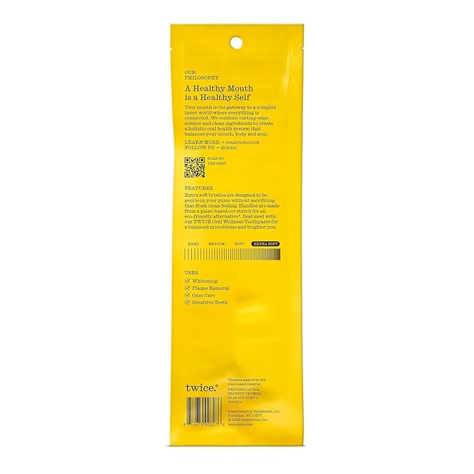 TWICE Oral Wellness Yellow Toothbrush – Extra Soft Bristles, Eco-Friendly Plant-Based Handle, Gentle Cleaning for Sensitive Teeth & Gums, 2 Count