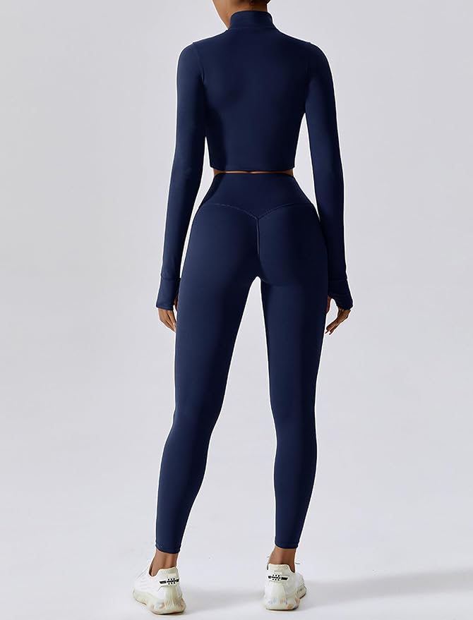 Workout Sets for Women 3 Piece High Waisted Seamless Leggings Crop Top Jacket Gym Yoga Outfit Stretchy Sports Bra Sets