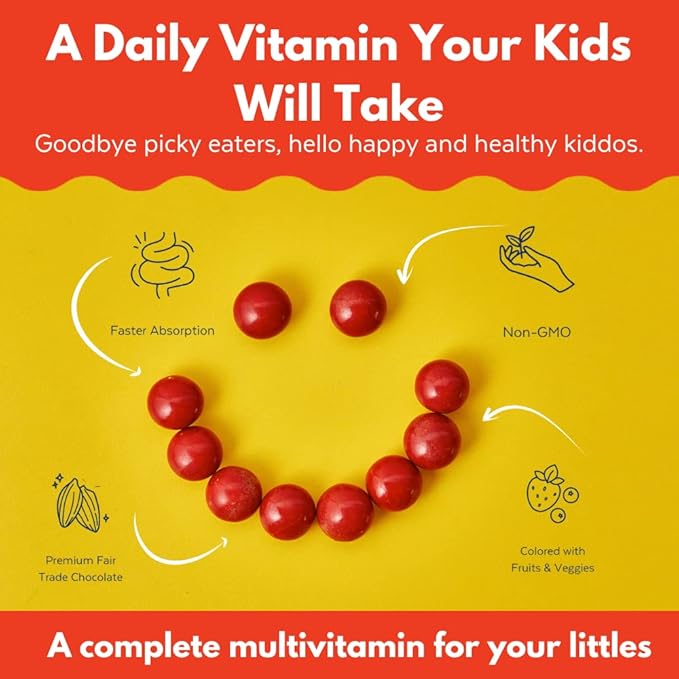 Good Day Chocolate Complete Multivitamin for Kids, Daily Supplement of Vitamins A, B6, B12, C, D, E, Folate and Biotin, Fair Trade and Non-GMO Chocolate, 50 Pieces