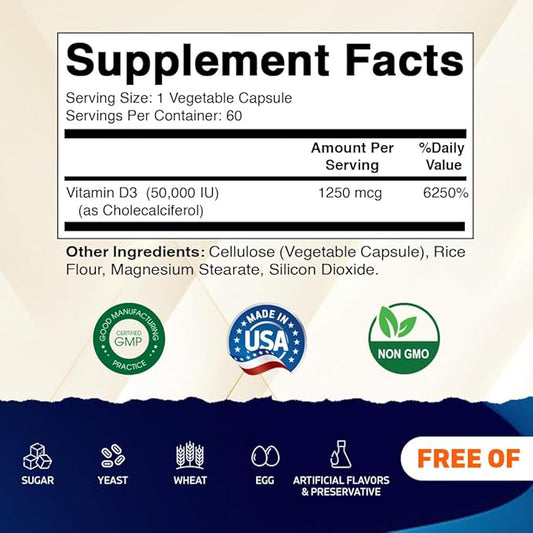Vitamatic 2 Pack Vitamin D3 50,000 IU (as Cholecalciferol), Once Weekly Dose, 1250 mcg, 60 Veggie Capsules 1 Year Supply, Progressive Formula Helping Vitamin D Deficiencies (Total 120 Veg Capsules)