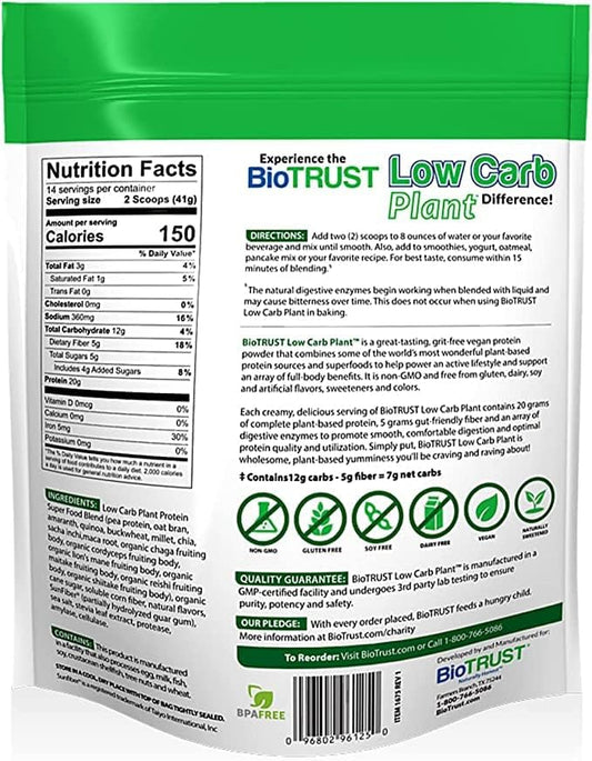 BioTrust Low Carb Plant, Delicious, Creamy, 20 Grams of Clean, Complete, Plant-Based Protein, 5 Grams Fiber, 15 Superfoods, Vegan, Dairy-Free -14 Servings (Vanilla Caramel)