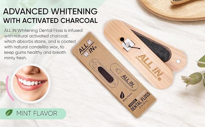 ALL IN Waxed Charcoal Floss with a Refillable Dental Floss Holder - Plant Based, No PFAS - Mint Floss for Effective Plaque Removal, Clean Teeth, Fresh Breath - 32 yd