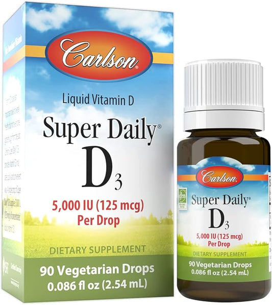 Carlson - Super Daily D3 5,000 IU (125 mcg) per Drop, Vitamin D Drops, Immune Support, Heart Health, Liquid Vitamin D3, Unflavored, 90 Drops