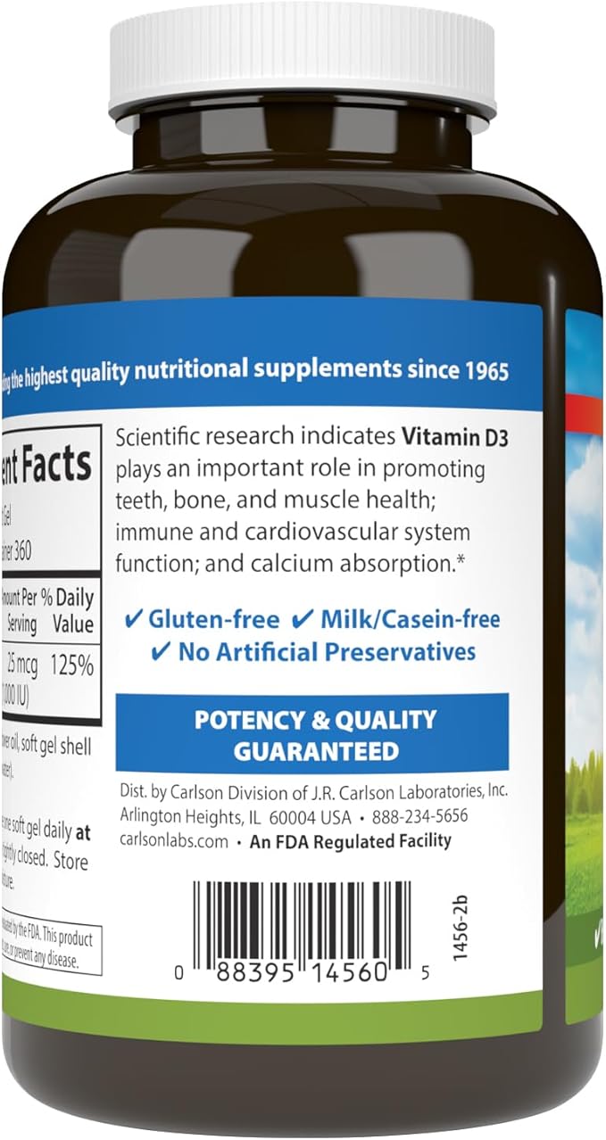 Carlson - Vitamin D3, 1000 IU (25 mcg), Bone Health, Muscle Health, Cholecalciferol, Vitamin D Supplements, Vitamin D3 Soft Gels, 360 Softgels
