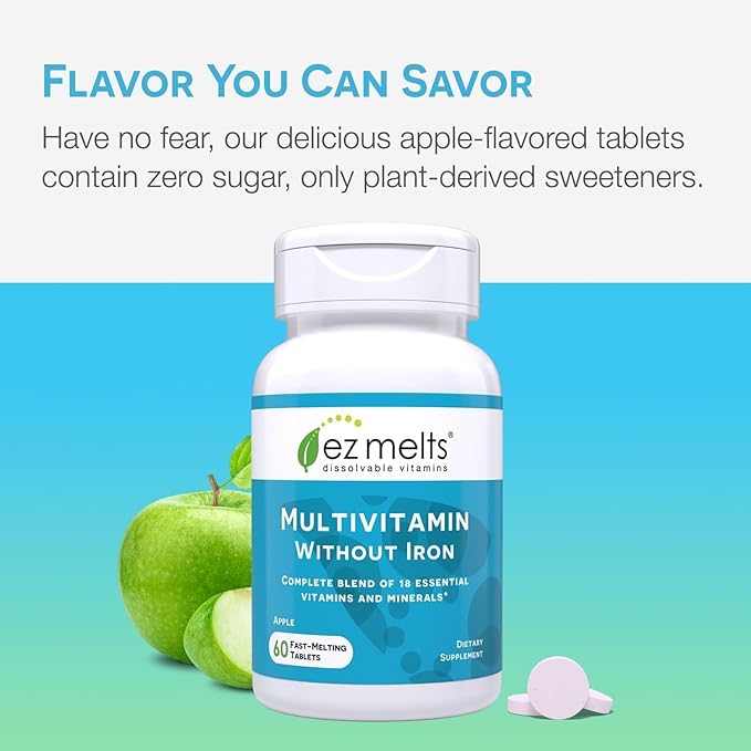 EZ Melts Dissolvable Multivitamin Without Iron, 18 Vitamins & Minerals Including Vitamin A, Biotin, Vitamin B12, Vitamin C, Vitamin D3, Zinc and More, Sugar-Free, 1-Month Supply - 1 Pack