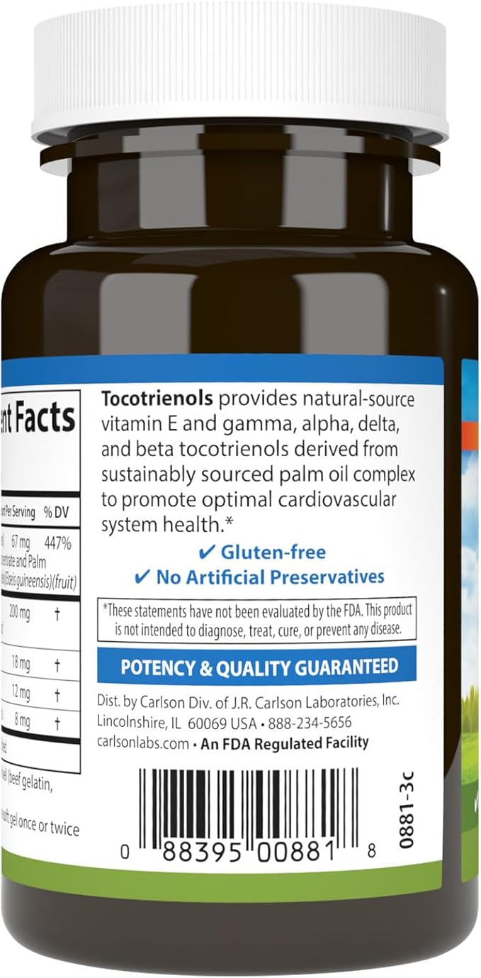 Carlson - Tocotrienols, 40 mg, with Natural-Source Vitamin E, Gamma, Alpha, Delta, Beta, Sustainably Sourced, 90 Softgels