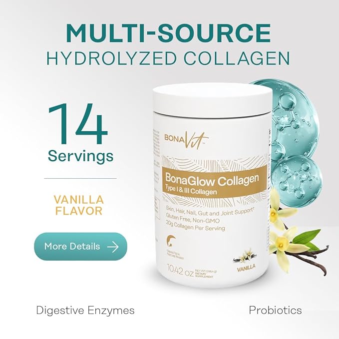 BonaGlow - Hydrolyzed Collagen Powder - Vanilla Flavor - 24 Servings - Type I & III with Vitamin C, Probiotics, and Digestive Enzymes - Skin, Nails, Hair - High Dosis of Collagen & Protein