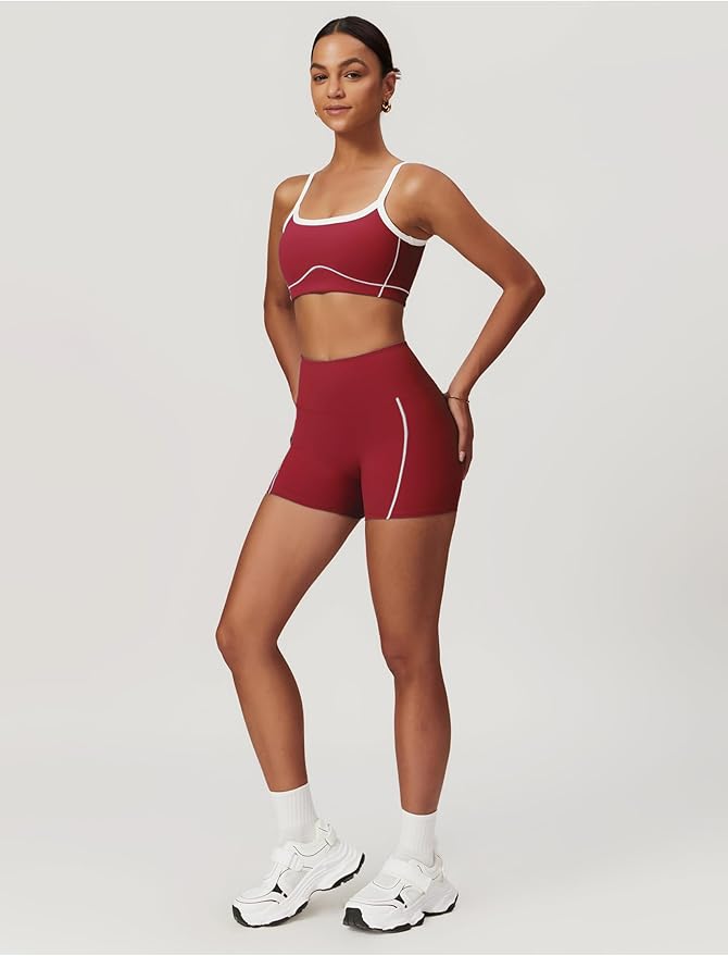 Workout Sets for Women 2 Piece Contrast Panel Sports Bra Tummy Control Butt lifting Shorts Jogger Outfits ﻿
