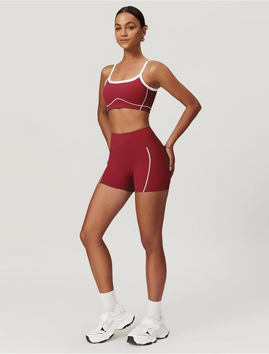 Workout Sets for Women 2 Piece Contrast Panel Sports Bra Tummy Control Butt lifting Shorts Jogger Outfits ﻿