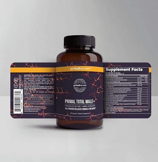 Primal Harvest Total Male+ Multivitamin for Men with Essential Vitamins, Minerals and Herbal Support for Energy, Vitality, Immune Health and Performance