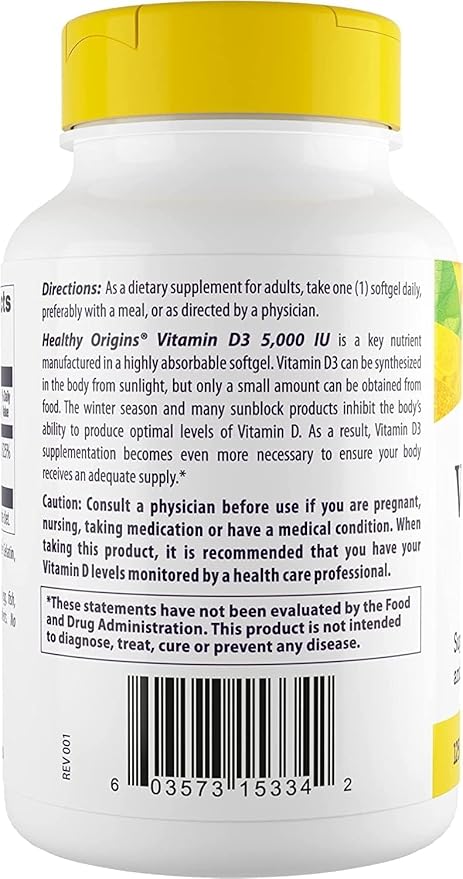 Healthy Origins Vitamin D3 5,000 IU (Non-GMO, High Potency, Bone Support, Immune Support, Gluten Free), 120 Softgels