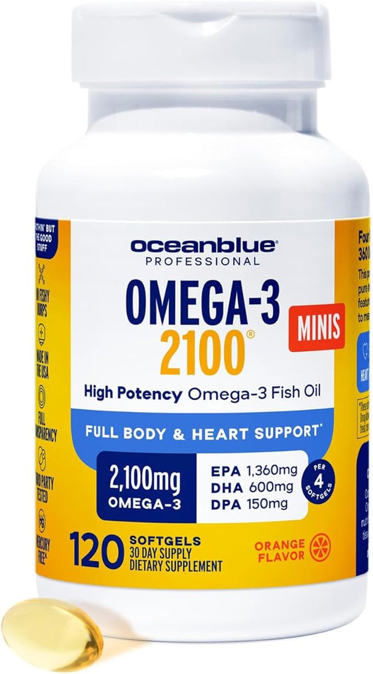Oceanblue Omega 3 2100 Mini Small Softgels | Triple Strength with 1350MG EPA 600MG DHA 150MG DPA | Orange Flavor | 120 Count, No Burps