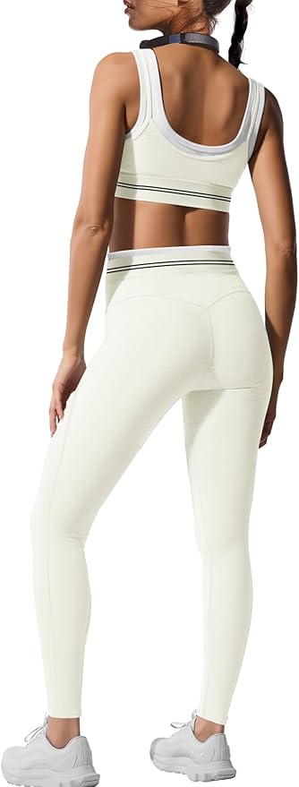 Panadila Womens Yoga Set 2 Piece Outfits Striped Workout Set Gym Matching Sports Bra and High Waist Leggings Activewear