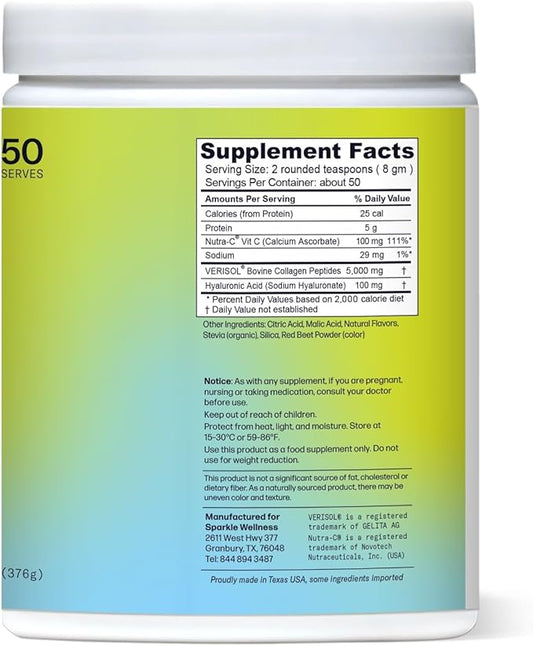 Sparkle Wellness VERISOL Bioactive Hydrolyzed Collagen Peptides | Collagen Powder with Vitamin C & Hyaluronic Acid for Hair, Skin, and Nail Health | Skin Boost Plus (Acai Lemonade) [50-Serves]