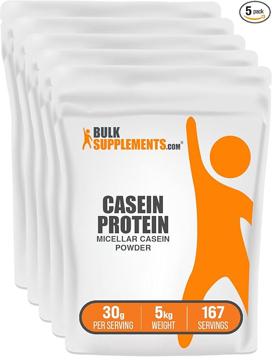 BulkSupplements.com Casein Protein Powder - Micellar Casein Powder, Slow Digesting Protein - Unflavored & Gluten Free, 30g per Serving, 1kg (2.2 lbs) (Pack of 5)