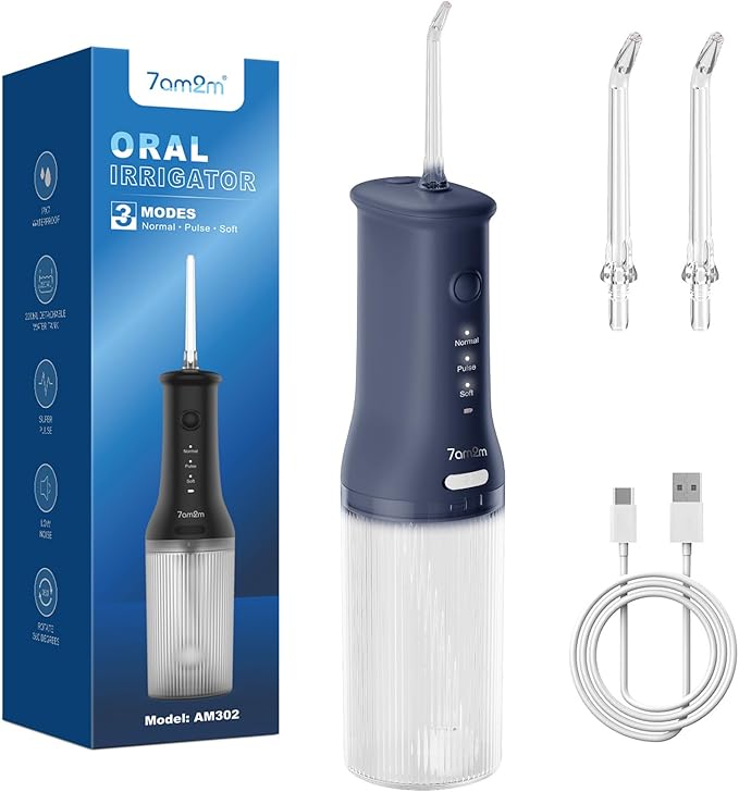 7AM2M Portable Water Flosser Cordless, Water Flosser for Teeth with 3 Modes and 2 Jet Tips, USB C Rechargeable, IPX7 Waterproof, Dental Water Flosser for Travel and Home Use (Navy Blue)