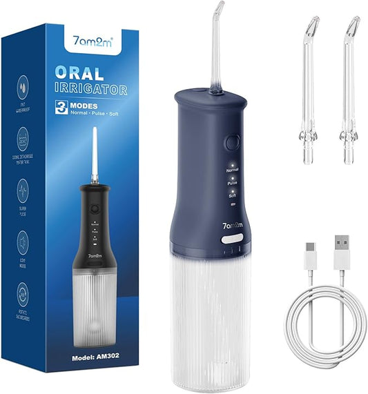 7AM2M Portable Water Flosser Cordless, Water Flosser for Teeth with 3 Modes and 2 Jet Tips, USB C Rechargeable, IPX7 Waterproof, Dental Water Flosser for Travel and Home Use (Navy Blue)