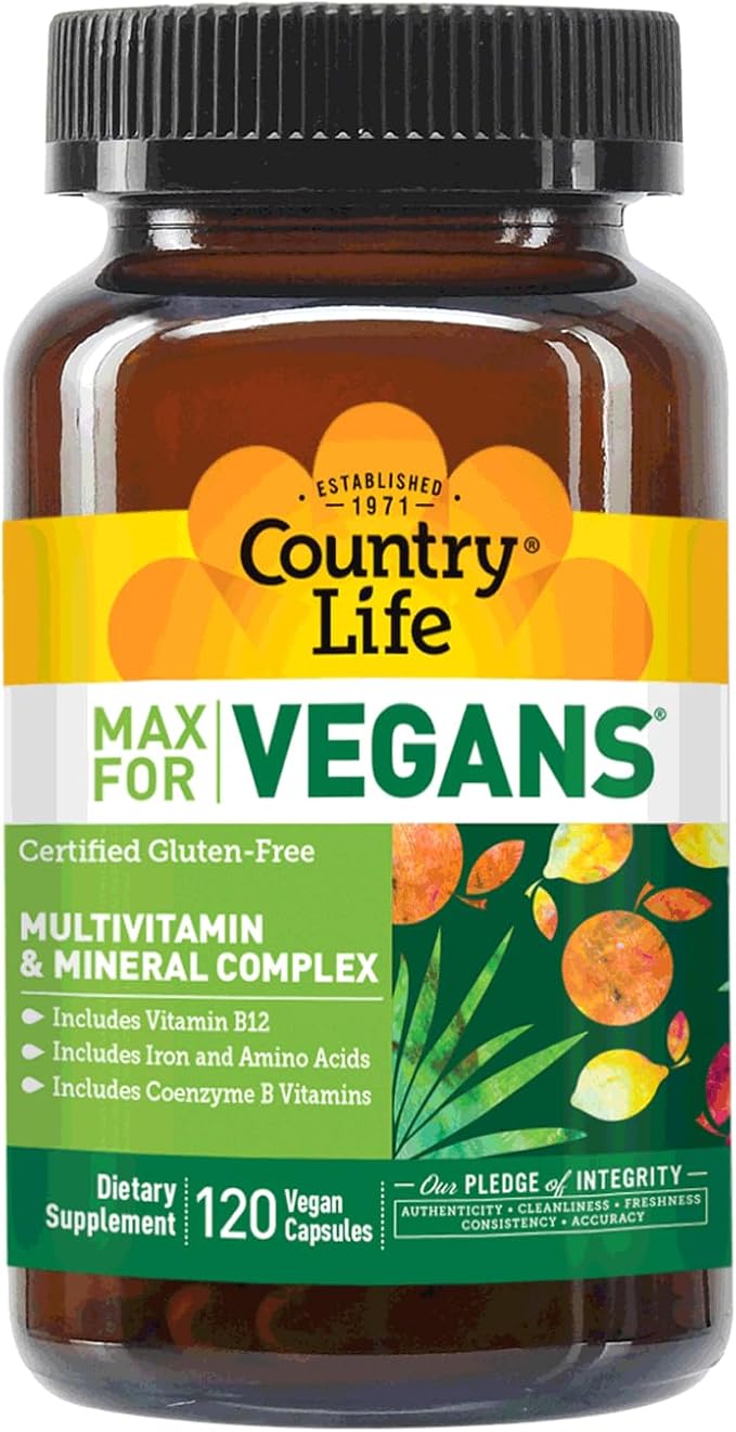 Country Life Max for Vegans - 120 Vegan Capsules - Daily Multivitamins - Immune Support Supplement - Contains Vitamin B12, Iron, Amino Acids, Coenzyme B Vitamins - Gluten-Free
