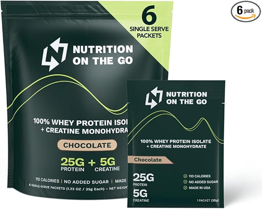 Nutrition On The Go Whey Protein Isolate Packets with Creatine – 25g Protein + 5g Creatine – Single-Serve Travel Protein Powder – Chocolate (6-Pack)