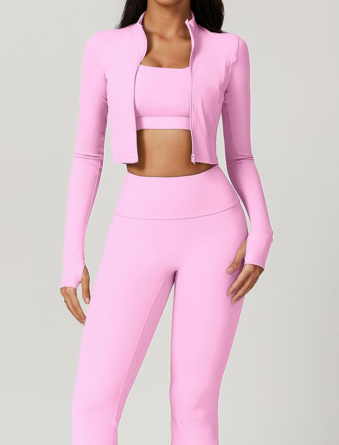 Workout Sets for Women 3 Piece High Waisted Seamless Leggings Crop Top Jacket Gym Yoga Outfit Stretchy Sports Bra Sets