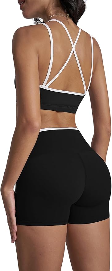 Workout Sets for Women 2 Piece Contrast Panel Sports Bra Tummy Control Butt lifting Shorts Jogger Outfits ﻿