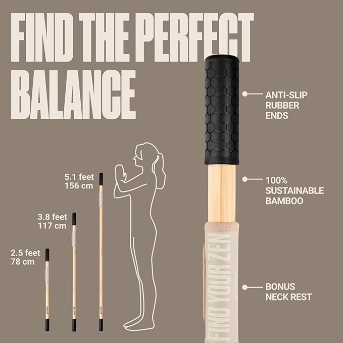 SportBit Bamboo Yoga Stick with Neck Pillow - Collapsible and Portable 5.1FT Mobility Stick and Exercise Stick - Fully Adjustable Yoga Accessories Perfect for Stretching, Posture Correction, Balance