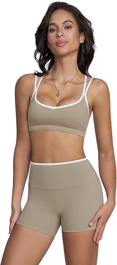 Workout Sets for Women 2 Piece Contrast Panel Sports Bra Tummy Control Butt lifting Shorts Jogger Outfits ﻿
