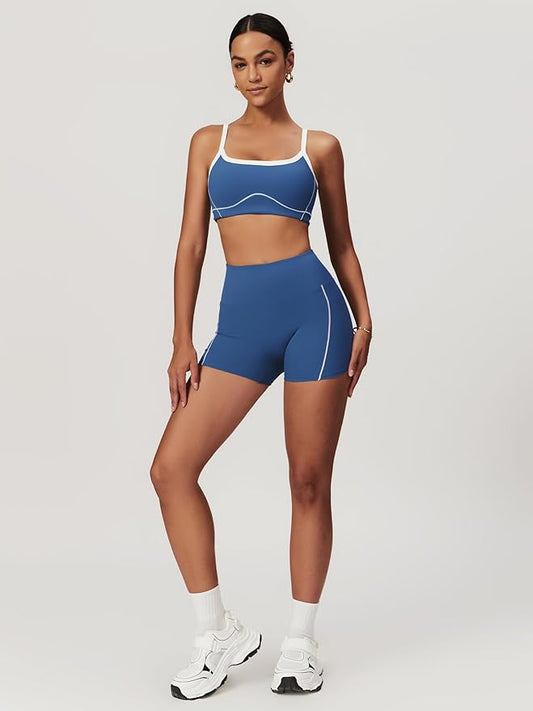 Workout Sets for Women 2 Piece Contrast Panel Sports Bra Tummy Control Butt lifting Shorts Jogger Outfits ﻿