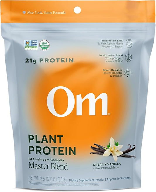 Om Master Blend Vegan Protein Powder, Vanilla, 21g of Plant Protein - Organic Mushroom Supplement with 10 Mushroom Complex, Ashwagandha, BCAAs and Vitamin B12-1.14 lb. (16 Servings)
