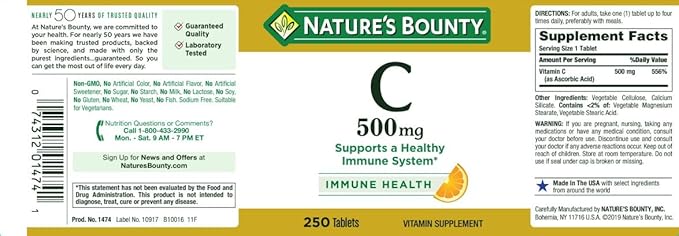 Nature's Bounty Pure Vitamin C 500 mg Tablets 250 Tablets (Pack of 3)