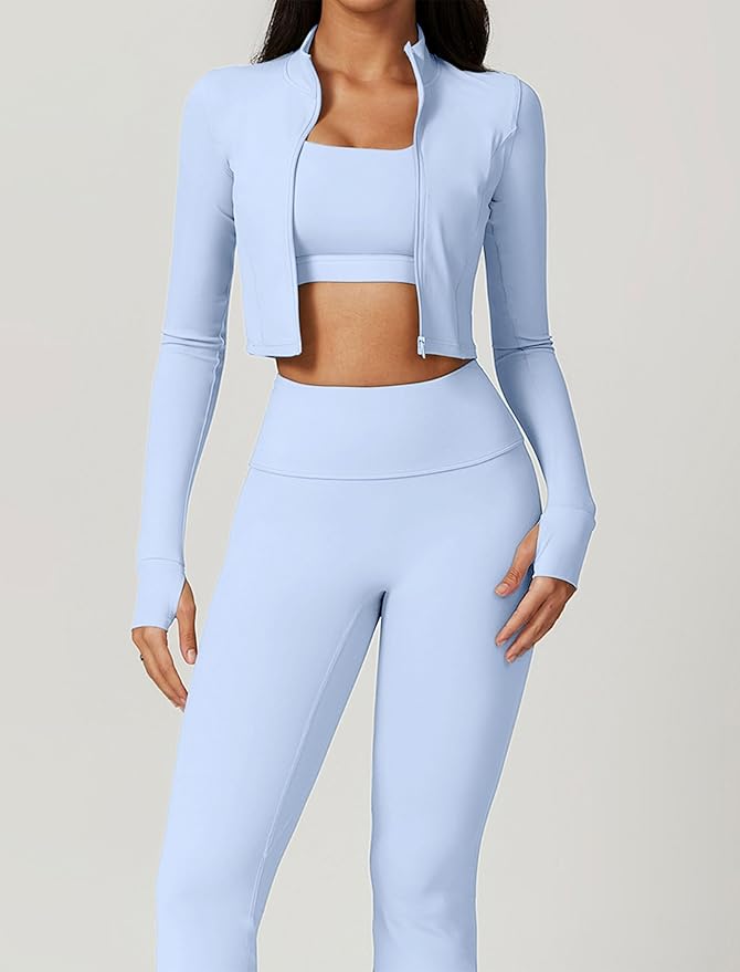 Workout Sets for Women 3 Piece High Waisted Seamless Leggings Crop Top Jacket Gym Yoga Outfit Stretchy Sports Bra Sets