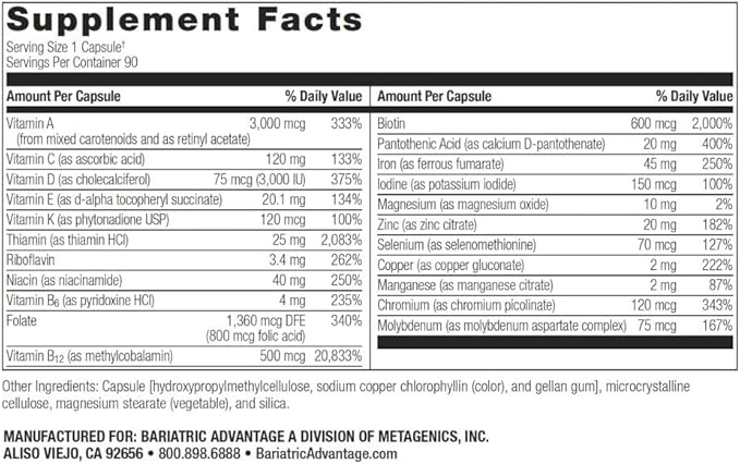 Bariatric Advantage Ultra Solo with Iron - Once-Per-Day Daily Multivitamin - for Bariatric Patients - with Thiamin, Vitamin A & More - Gluten Free - 90 Capsules