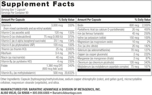 Bariatric Advantage Ultra Solo with Iron - Once-Per-Day Daily Multivitamin - for Bariatric Patients - with Thiamin, Vitamin A & More - Gluten Free - 90 Capsules