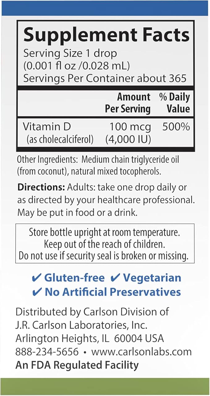 Carlson Super Daily D3 4,000 IU (100 mcg), Heart & Immune Health, Teeth & Bone Strength, Unflavored, 365 Drops