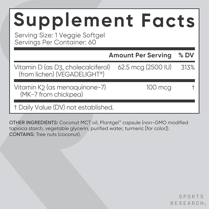 Sports Research® Vitamin D3 + K2 w/Coconut Oil - Vegan Vitamin D 2500iu (62.5mcg) & Mk7 Vitamin K 100mcg for Bone & Immune Support - Vegan Certified · Non-GMO · Soy Free - 60 Softgels