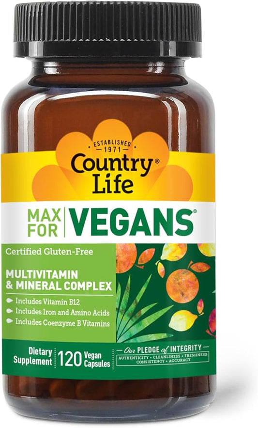 Country Life Max for Vegans - 120 Vegan Capsules - Daily Multivitamins - Immune Support Supplement - Contains Vitamin B12, Iron, Amino Acids, Coenzyme B Vitamins - Gluten-Free