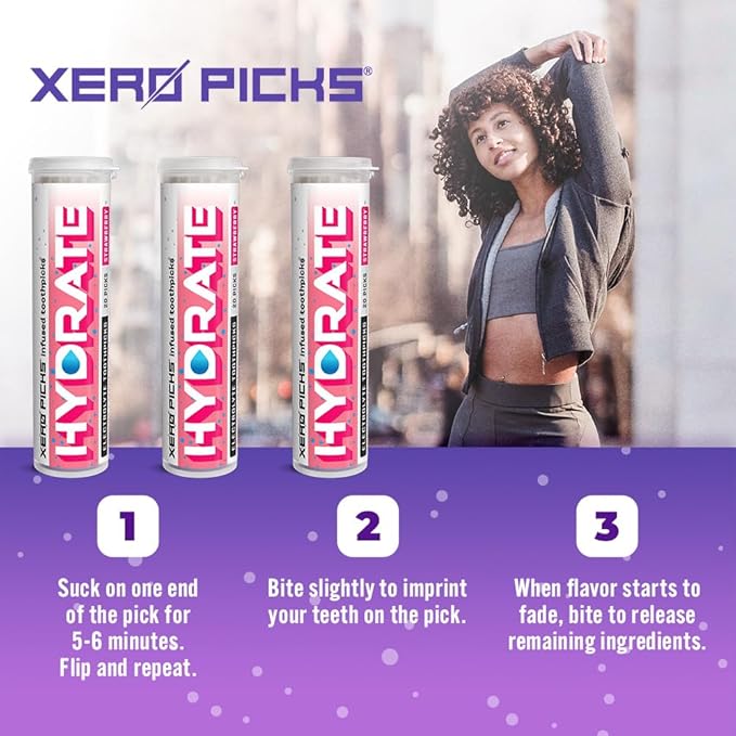 Xero Picks Hydrate - Electrolyte Flavored Toothpicks -60 Picks-Variety 3 Pack - Strawberry - Sodium, Potasium, Magnesium, Calcium