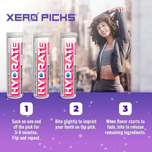 Xero Picks Hydrate - Electrolyte Flavored Toothpicks -60 Picks-Variety 3 Pack - Strawberry - Sodium, Potasium, Magnesium, Calcium