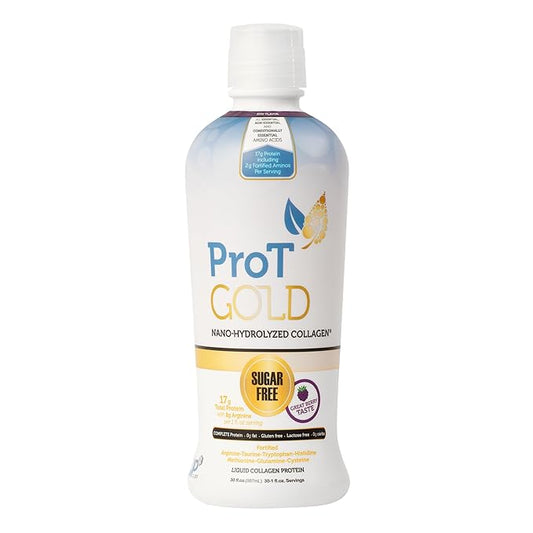 ProT Gold Liquid Collagen Protein Shot, 17g Clear Protein Nano-Hydrolyzed Grass Fed Collagen, 2g Arginine for Wound Support, Gluten Free, Sugar Free, 0g Carbs, Non GMO, Berry, 30 fl oz Bottle