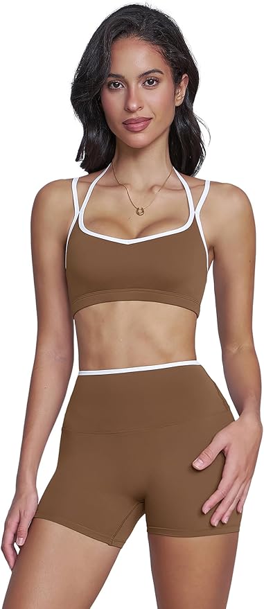 Workout Sets for Women 2 Piece Contrast Panel Sports Bra Tummy Control Butt lifting Shorts Jogger Outfits ﻿