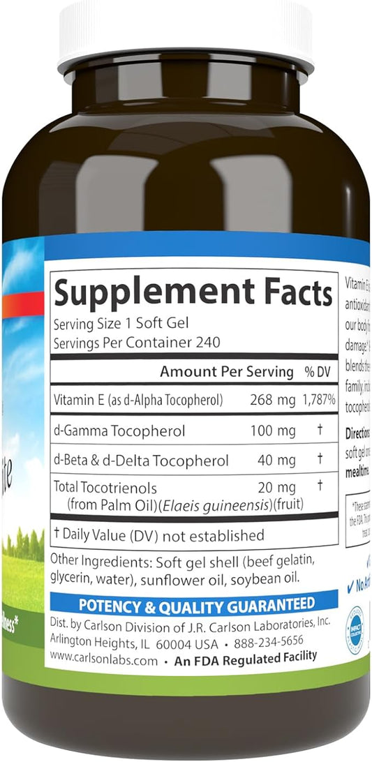 Carlson - E-Gems Elite, 400 IU Vitamin E with Tocopherols & Tocotrienols, Vitamin E Capsules, Heart Health & Optimal Wellness, Antioxidant, Vitamin E Supplement, 240 Softgels