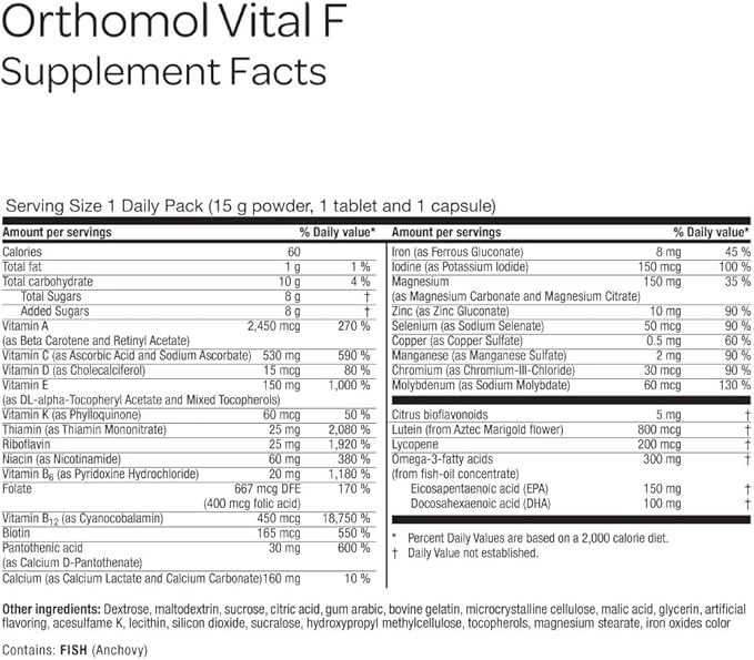 Orthomol Vital F Powder & Tablet Packet, Women's Multivitamin, 30-Day Supply, Vitamins A, B, C, D, E, K, Calcium, Iodine, Omega-3…