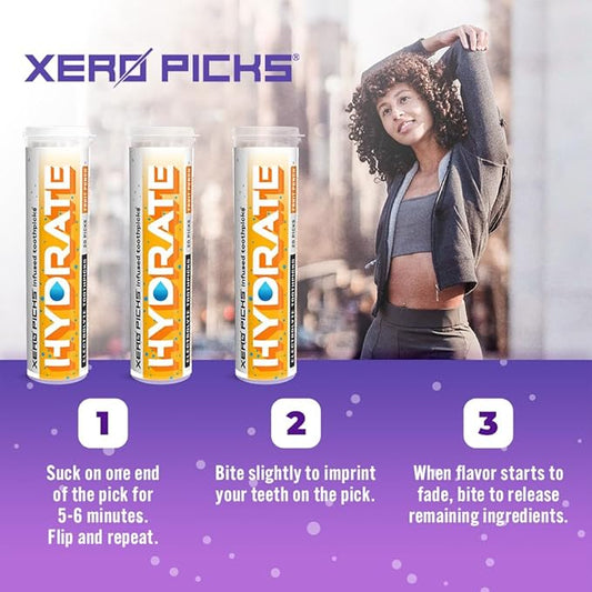 Xero Picks Hydrate - Electrolyte Flavored Toothpicks -60 Picks-Variety 3 Pack - Fruit Punch - Sodium, Potasium, Magnesium, Calcium