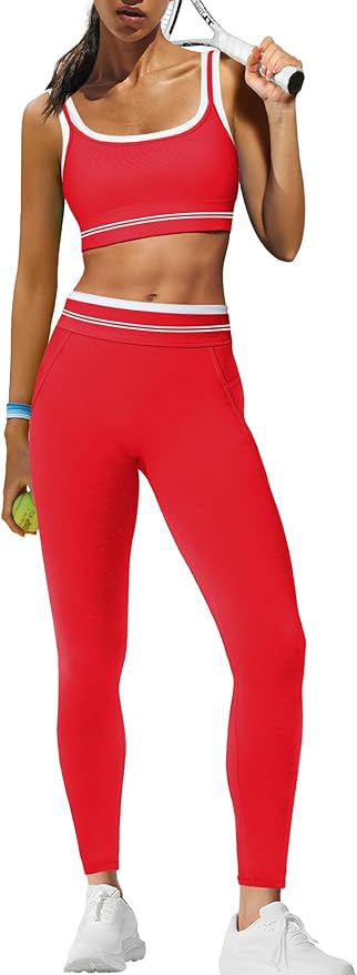 Panadila Womens Yoga Set 2 Piece Outfits Striped Workout Set Gym Matching Sports Bra and High Waist Leggings Activewear
