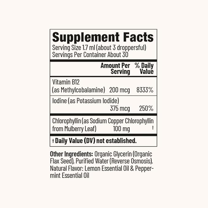 Detox Liquid Drops with Chlorophyll & Vitamin B12 – Natural Body Cleanse, Alkalizing Energy Booster – Peppermint Lemon Flavor, 30-Day Supply