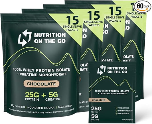 Nutrition On The Go Whey Protein Isolate Packets with Creatine – 25g Protein + 5g Creatine – Single-Serve Travel Protein Powder – Chocolate (60-Pack)