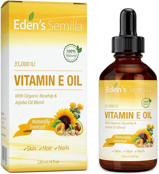 100% Plant Extract Vitamin E Oil 35,000 IU + Organic Rosehip & Jojoba Blend - Fast Absorbing Skin Protection for Face & Body. Pure Ingredients - Ideal for Sensitive Skin - Use Daily